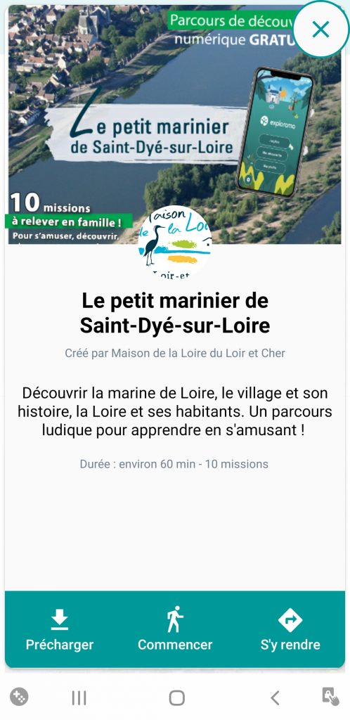 Nouveautés de l'application  : ajout de boutons sur le menu des parcours pour faciliter la prise en main du jeu.  Voici un exemple avec le parcours "Le petit marinier de Saint-Dié-sur-Loire"